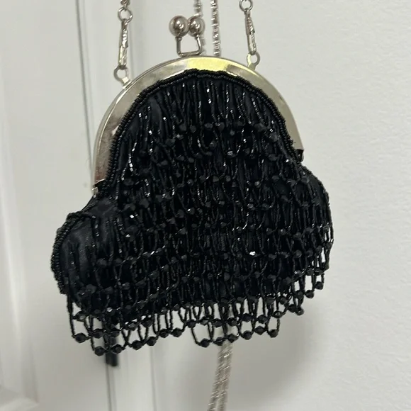 Vintage Bijoux Terner black beaded evening handbag shoulder bag kiss lock silver - Picture 5 of 14